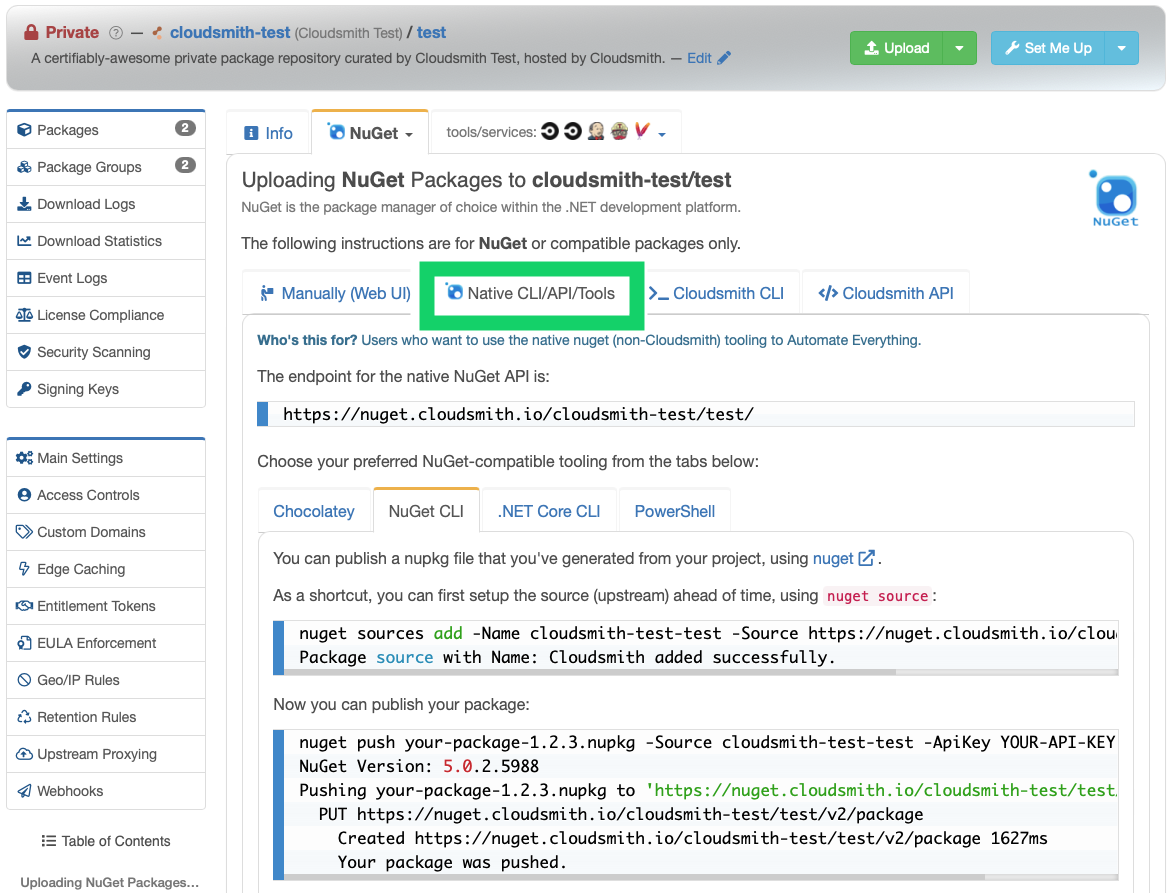 contextual documentation for uploading NuGet packages